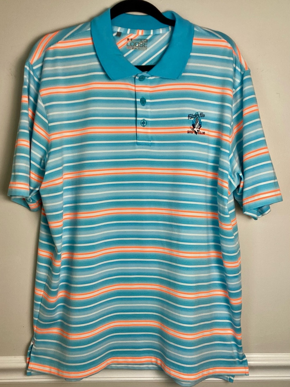 Falcon’s Fire Golf Club L Under Armour Heat Gear Blue Orange Stripe Polo Shirt
